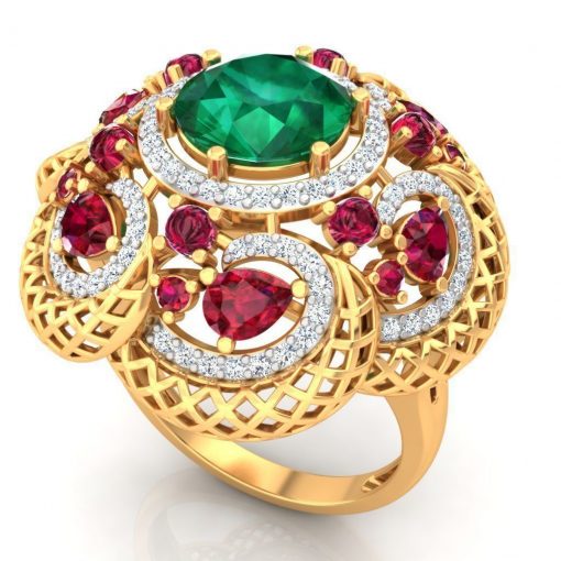 14k Big Sized Ruby Emerald Diamond Cocktail Ring