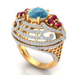 Big Sized Ruby Blue Topaz Diamond Cocktail Ring 14k Solid Gold