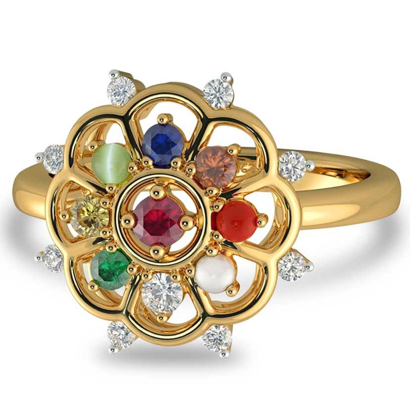 Big Stone Navaratna Ring made with 22k Gold - Gleam Jewels