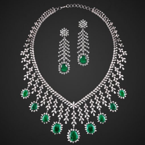 Big Bridal emerald Necklace with long Earrings