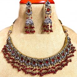 Vintage Design Garnet Chick Necklace with Earrings