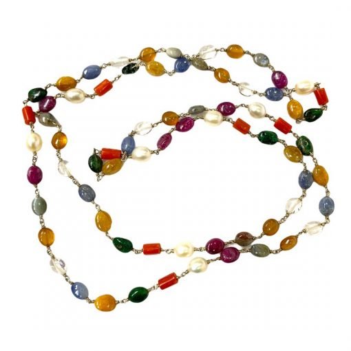 25 Inches long natural Navratna Necklace in Silver Wire