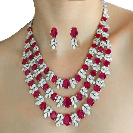 Sterling Silver Heavy Bridal Ruby Necklace with Earrings