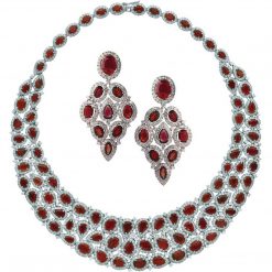 Sterling Silver Big Bridal Ruby Necklace with Earrings