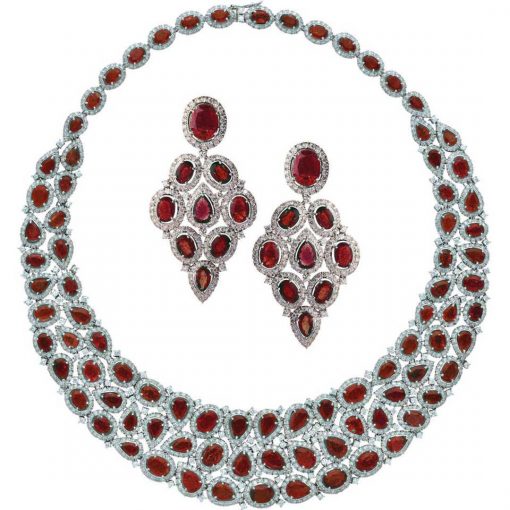 Sterling Silver Big Bridal Ruby Necklace with Earrings