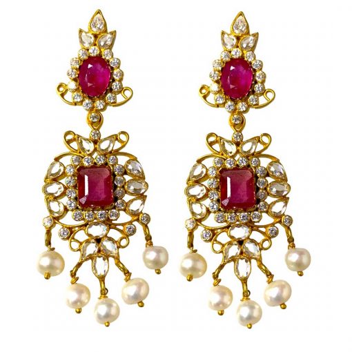 Handmade Sterling Silver Zircon Polki Ruby Earrings