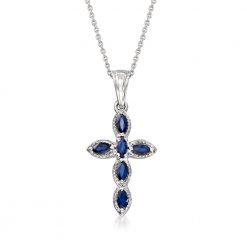 Marquise Sapphire Cross Pendant Necklace in Sterling Silver