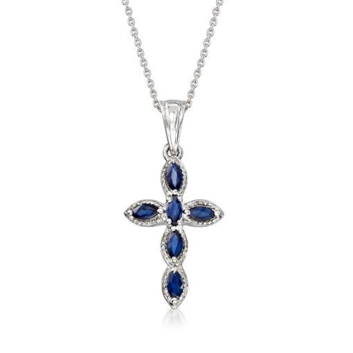 Marquise Sapphire Cross Pendant Necklace in Sterling Silver