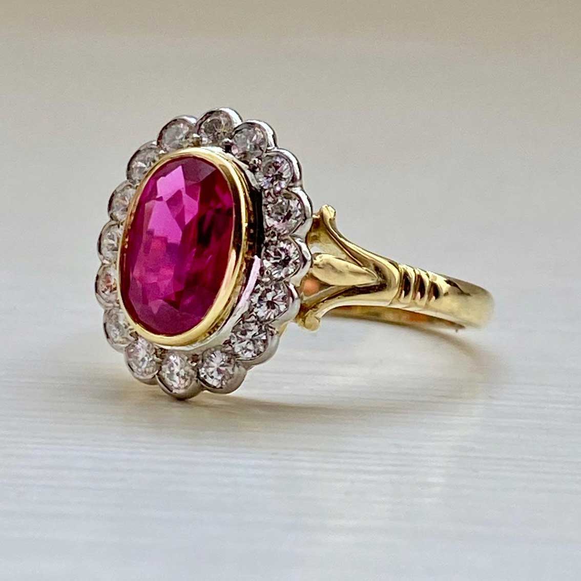 Antique 18ct yellow gold three stone diamond ruby ring - Lismore Goldsmith