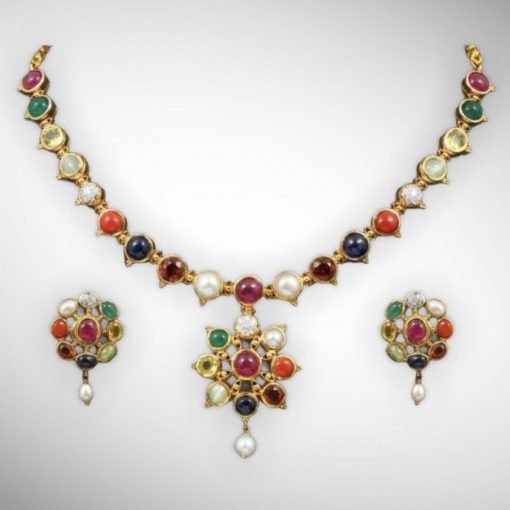 Premium Quality Navratna Necklace with Earrings