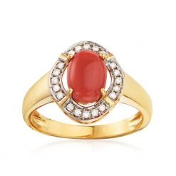 Natural Coral and Diamond Ring in 14k Solid Gold