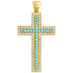 Turquoise And Pearl Studded Cross Silver Pendant