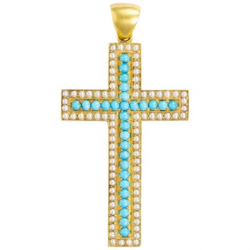 Turquoise And Pearl Studded Cross Silver Pendant