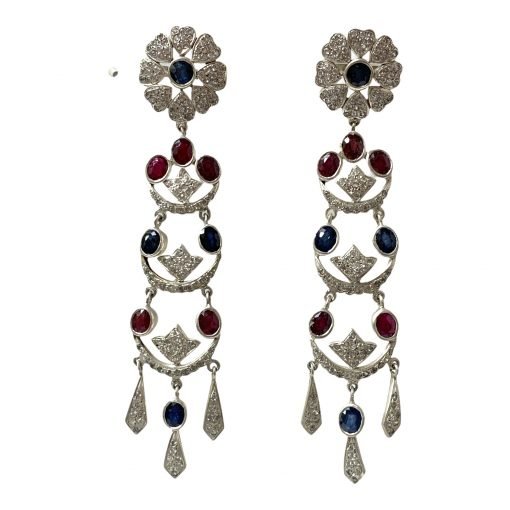 3.5 Inches Long Ruby Sapphire Earrings in Sterling Silver