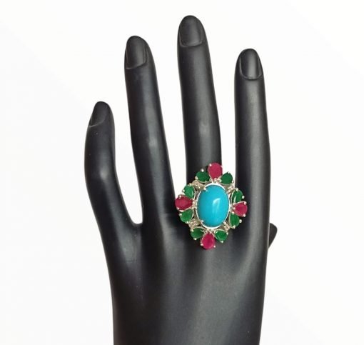 925 Sterling Silver Turquoise Emerald And Ruby Ring