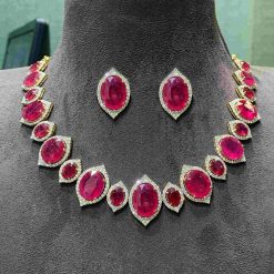 Ruby and Swarovski Necklace with Big Studs Earrings