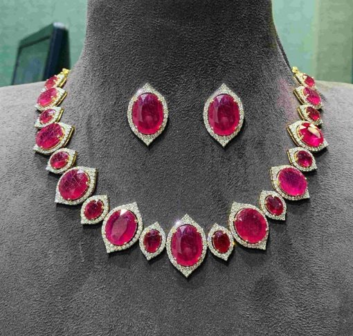 Ruby and Swarovski Necklace with Big Studs Earrings