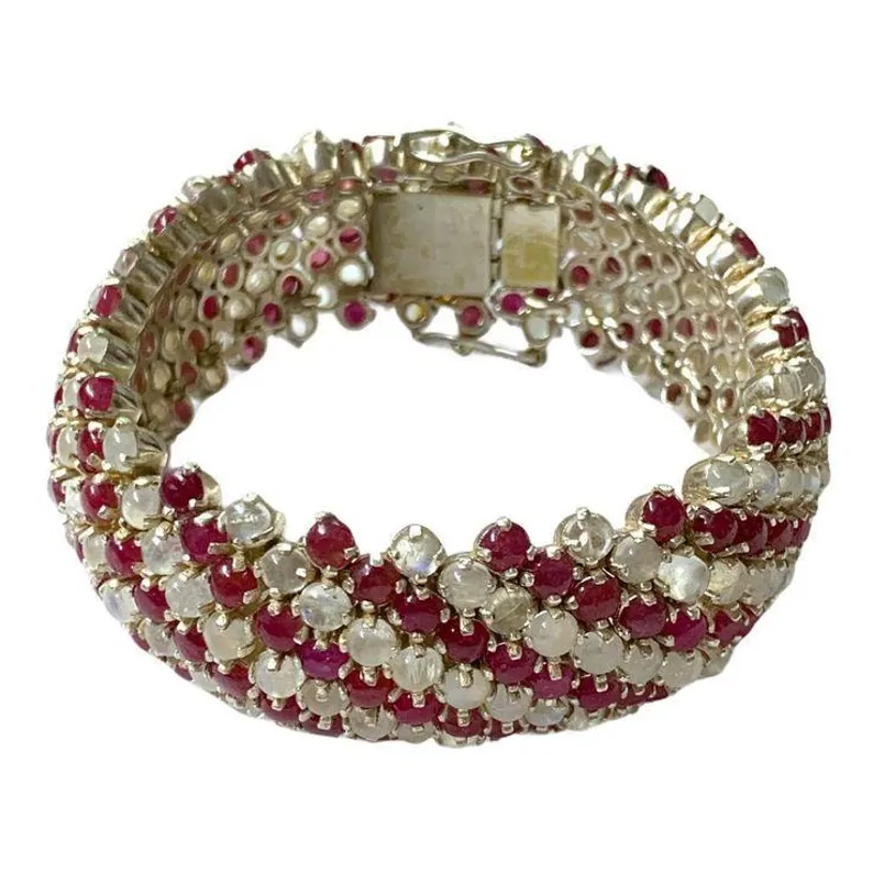 Vintage Ruby & Rainbow Moonstone Statement Bracelet