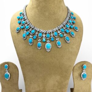 Turquoise & CZ Statement Vintage Style Bridal Necklace Earrings Set