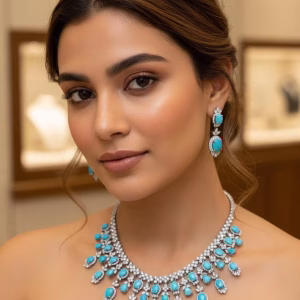 Turquoise & CZ Statement Vintage Style Bridal Necklace Earrings Set