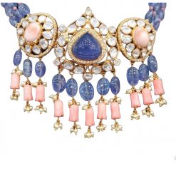 Pink and Blue Polki Necklace Made with Sterling Silver
