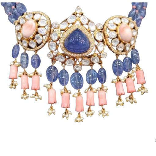 Pink and Blue Polki Necklace Made with Sterling Silver