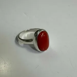 Red Coral Ring, 925 Sterling Silver Oval Coral Cabochon Ring
