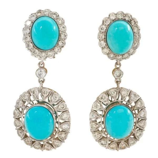 Turquoise Oval Drop Halo Dangle Statement Earrings