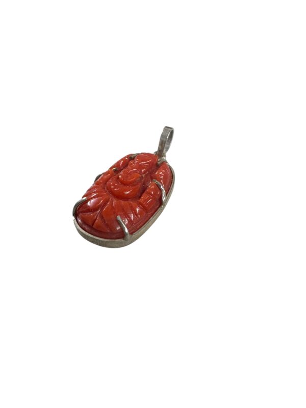 Red Coral Ganesh Pendant Carved Vintage Silver Tone Charm