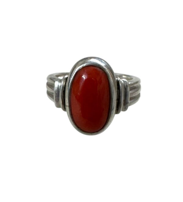 Red Coral Oval Cabochon Vintage Ring 925 Sterling Silver