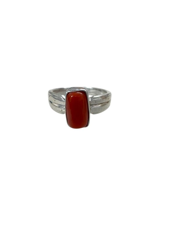 Red Coral Rectangular Cabochon Vintage Sterling Silver Ring