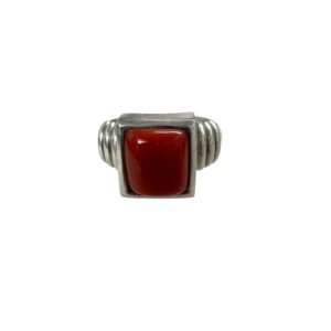 Red Coral Square Cabochon Vintage Sterling Silver Ring