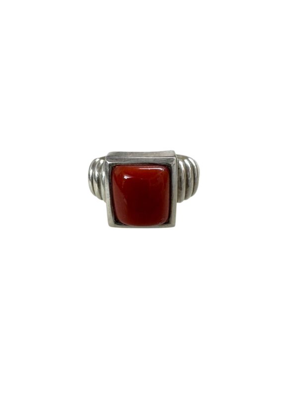 Red Coral Square Cabochon Vintage Sterling Silver Ring