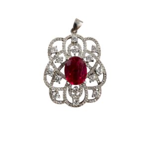 Ruby Pendant CZ Halo Floral Vintage Style Silver Necklace Charm