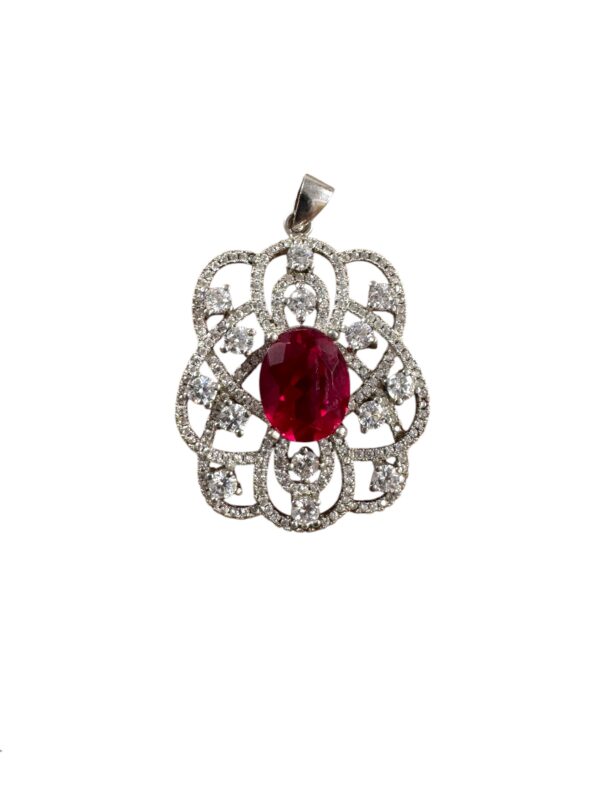 Ruby Pendant CZ Halo Floral Vintage Style Silver Necklace Charm