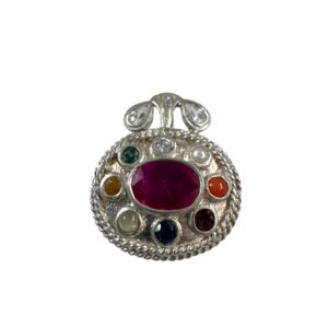 Navratna Ruby Pendant 925 Sterling Silver Multi Gemstone Vintage Style