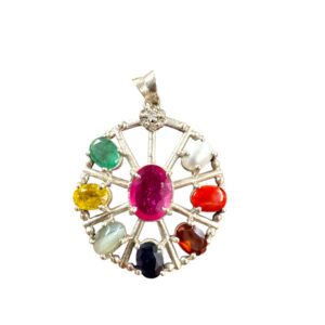 Navratna Ruby Pendant Sterling Silver Chakra Wheel Charm