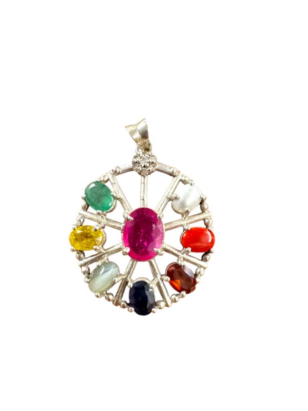 Navratna Ruby Pendant Sterling Silver Chakra Wheel Charm