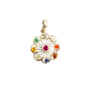 Navratna Ruby Flower Pendant 925 Silver Multi Gemstone