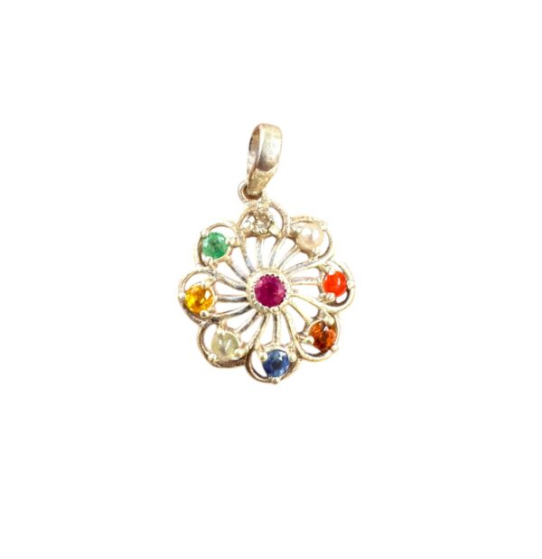Navratna Ruby Flower Pendant 925 Silver Multi Gemstone