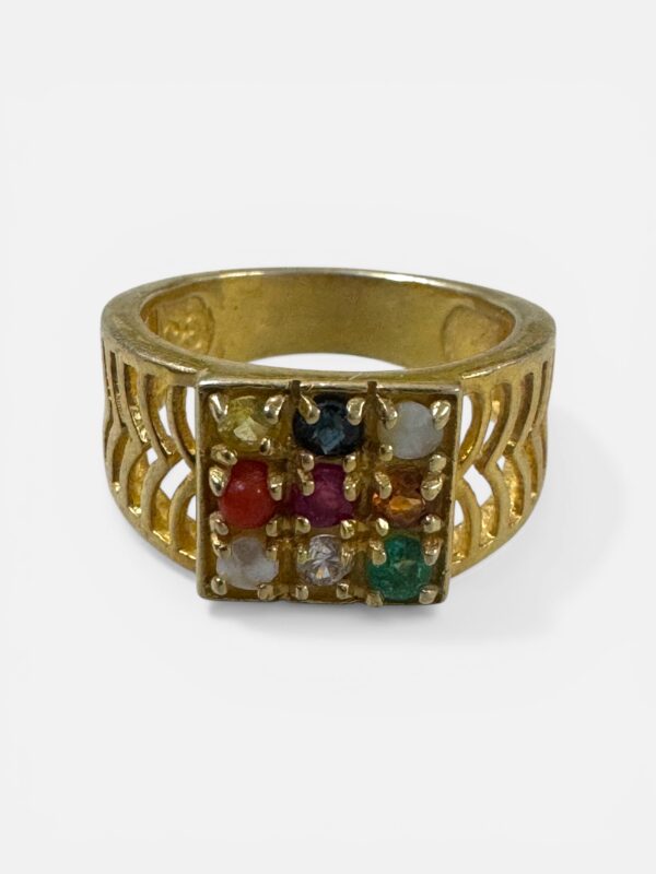 Navratna Gold Plated Multi Gem Square Cluster Ring