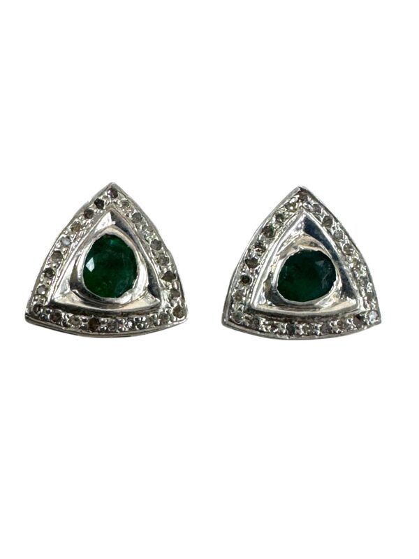 Natural Emerald Triangle Stud Earrings CZ Halo Silver
