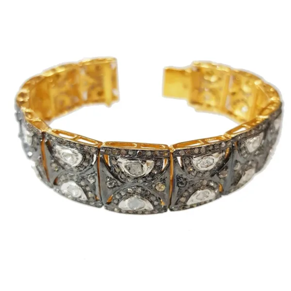 Vintage Polki Diamond Bracelet 925 Silver Gold Plated Wide Cuff Bangle