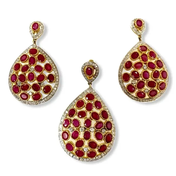 Red Ruby Look CZ Teardrop Pendant Set Earrings Gold Plated