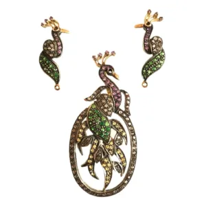 Peacock Jewelry Set CZ Pave Pendant Earrings Gold Plated