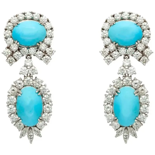 Turquoise Blue CZ Drop Dangle Earrings Silver Tone Halo Statement