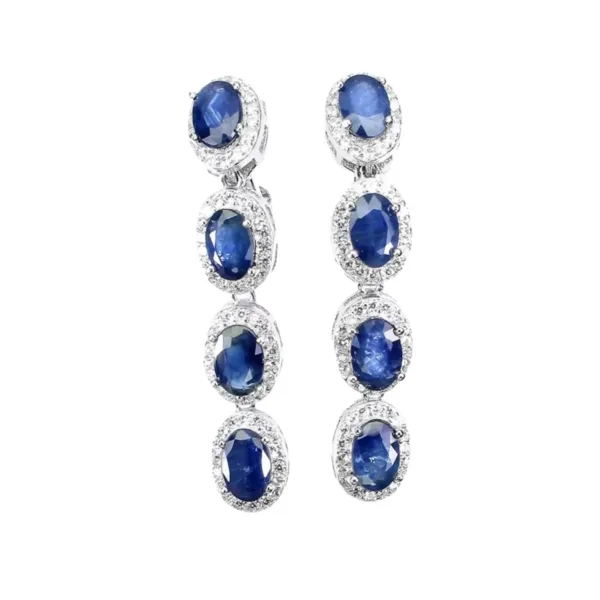 Natural Blue Sapphire Halo Dangle Oval Drop Earrings
