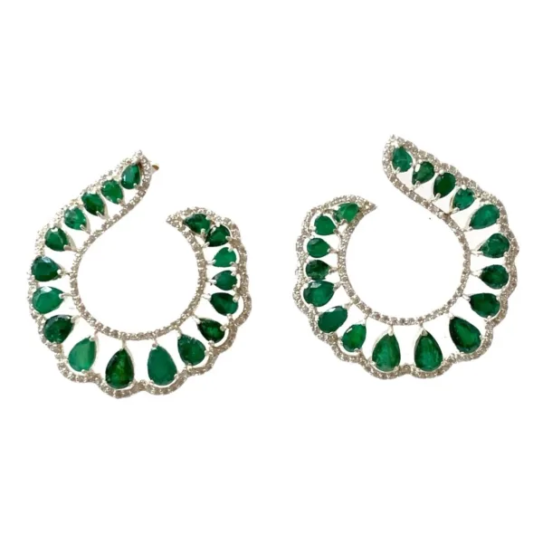 Natural Green Emerald Hoop Earrings CZ Pave Statement Designer