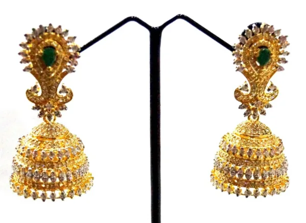 gold-plated-jhumka-green-stone-with-cz-dangle-earrings