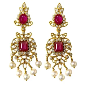 Ruby Pearl Gold Plated CZ Dangle Earrings